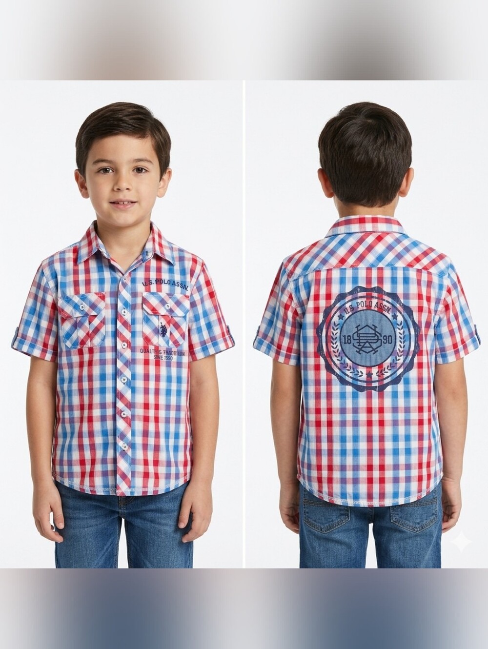 U.S. Polo Assn. Red, Blue & White Plaid Short-Sleeve Button-Down Shirt